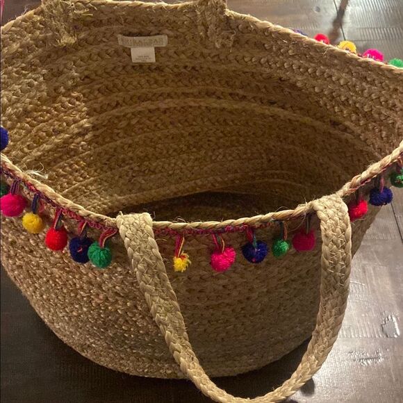Shiraleah Woven Jute Tote with Colorful Pom Poms - Picture 1 of 6